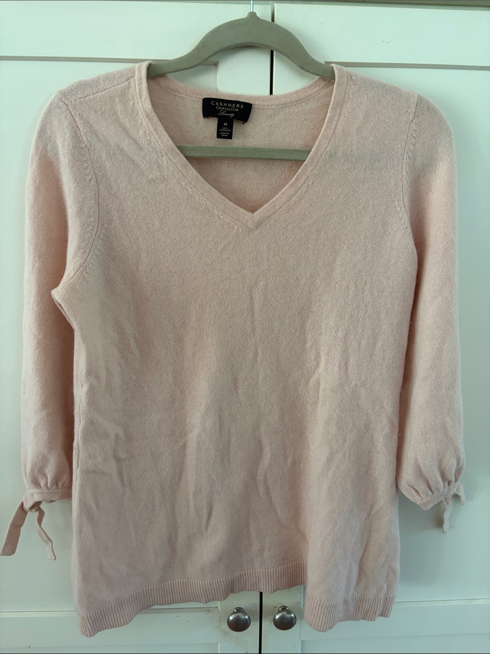 Charter Club Luxury Cashmere Pale Pink V-Neck Tie-Sleeve Sweater